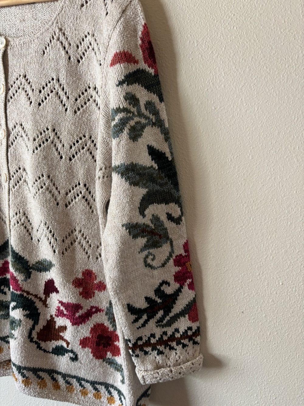 Peruvian Connection Pima Cotton and Alpaca Cream Cardigan Sweater Floral XL - Picture 5 of 10